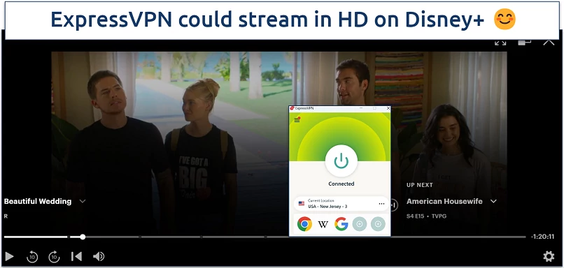 Screenshot of Disney+ player streaming Beautiful Wedding while connected to a server in the US