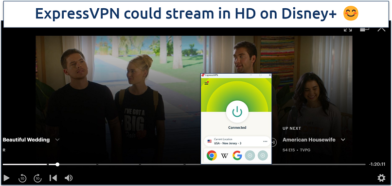 Screenshot of Disney+ player streaming Beautiful Wedding while connected to a server in the US
