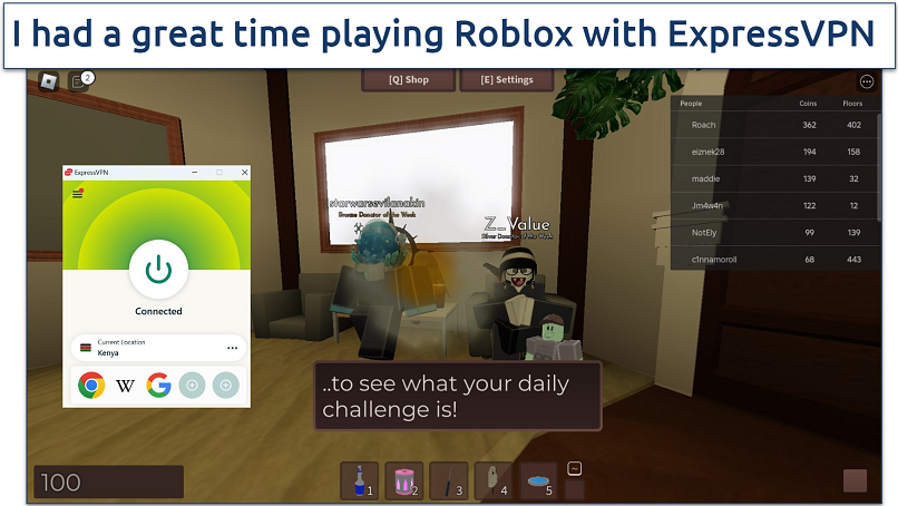 Screenshot of Roblox being played while connected to ExpressVPN's server in Kenya