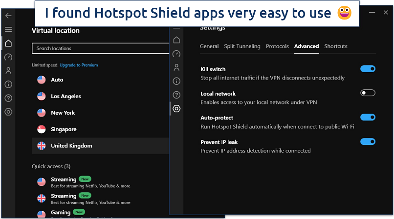 Screenshot of Hotspot Shield’s free Windows app