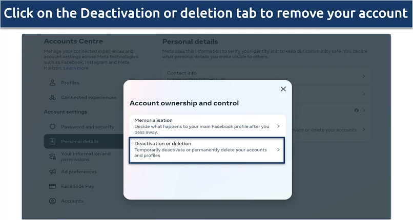 A screenshot of Facebook's Account ownership and control settings