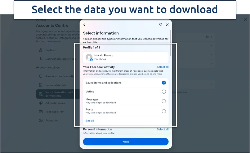 A screenshot of Facebook's download your information tab