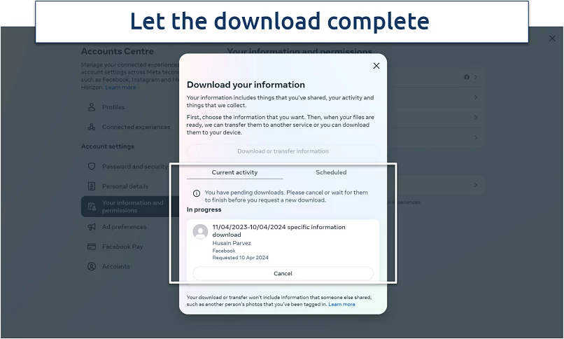 A screenshot of Facebook's download process