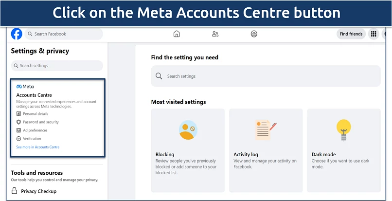 A screenshot of Facebook's Meta Accounts Centre button