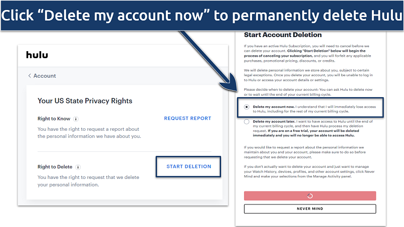 Screenshot of the Hulu delete account option