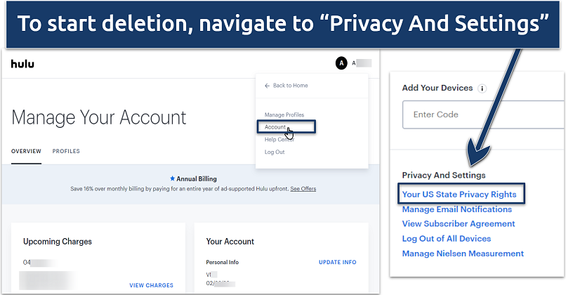 Screenshot showing Hulu’s Manage Your Account section