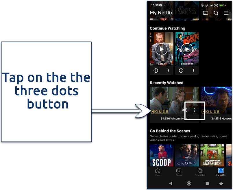 Screenshot showing how to open Netflix’s contextual options in the Recently Watched row