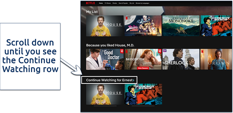 Screenshot showing how to find Netflix’s Continue Watching row