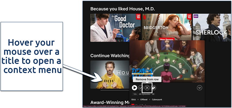 Screenshot showing how to find Netflix’s context menu