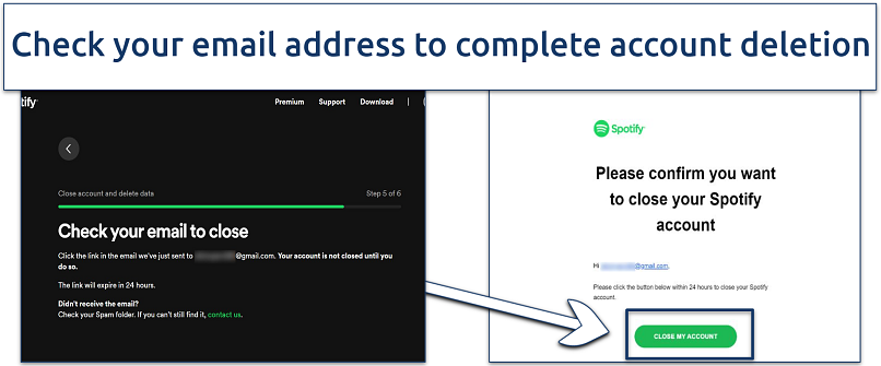 A screenshot showing an email from Spotify containing a link to delete your account