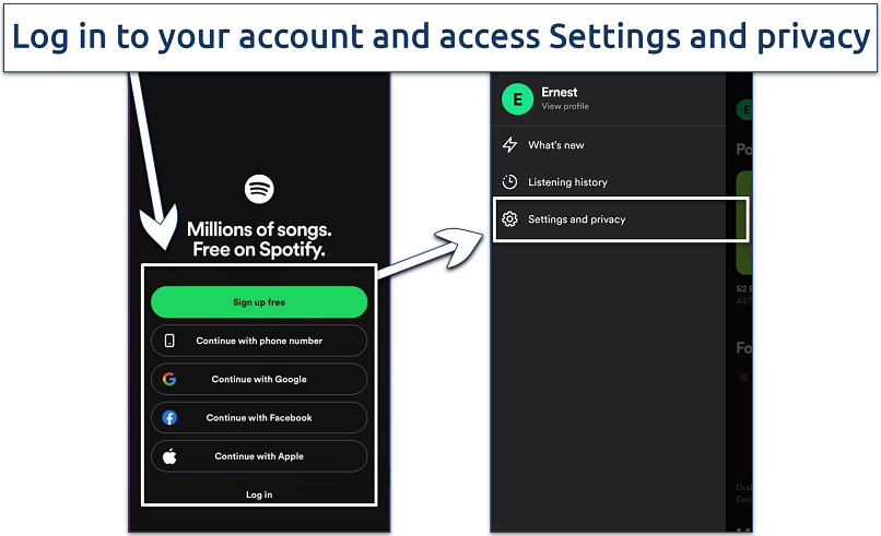 A screenshot showing how to access Spotify settings using the mobile app
