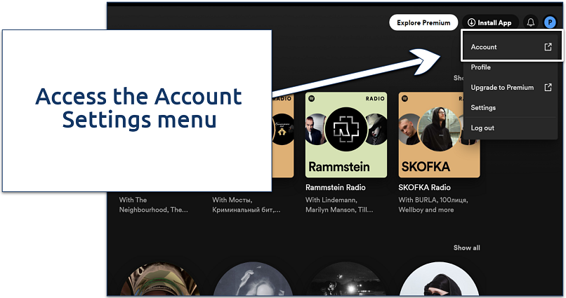 A screenshot showing the location of Spotify Account settings