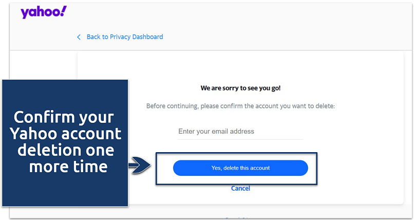 A screenshot showing the Yahoo account deletion confirmation page