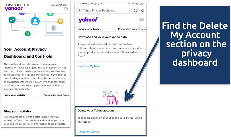 A screenshot showing the Yahoo account privacy dashboard on phone
