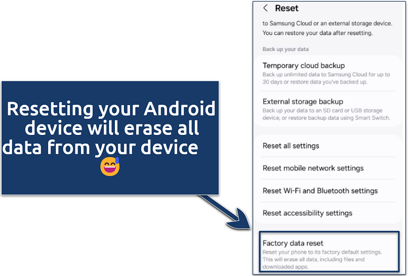 Screenshot of an Android smartphone reset window