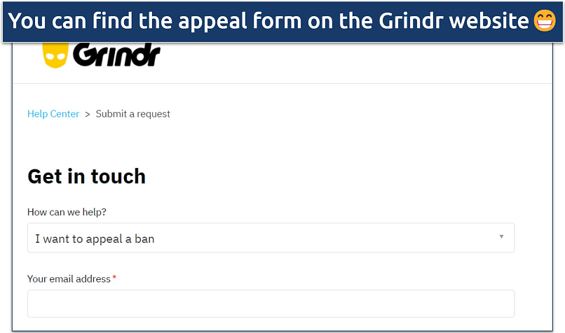Screenshot of Grindr’s website showing the appeal form