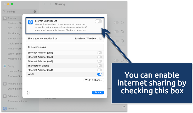 Screenshot of internet sharing on a MacBook
