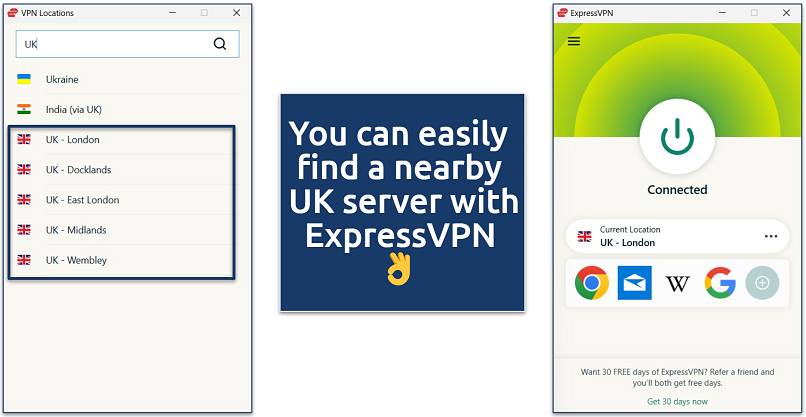 A screenshot of the ExpressVPN app showing it’s UK server locations while connected to the London server
