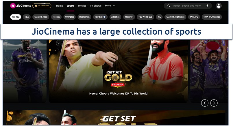 Screenshot of the JioCinema webpage