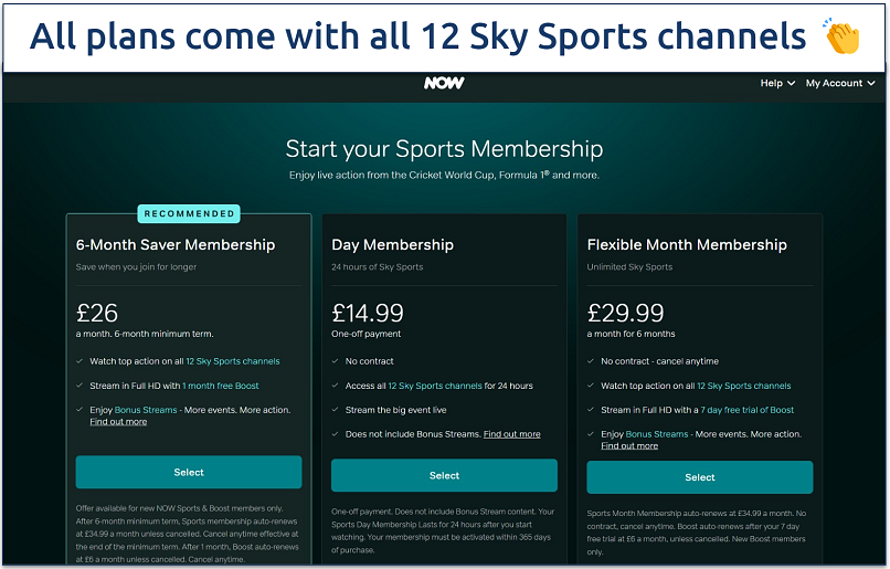 A screenshot of NOW TV’s Sky Sports membership plans
