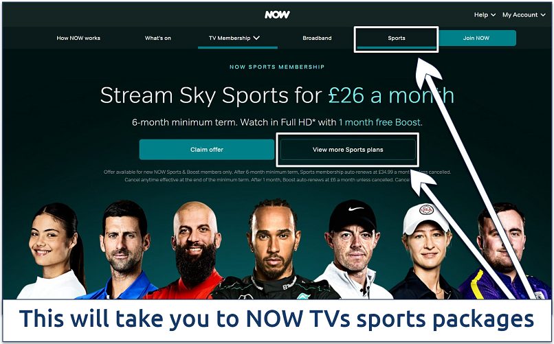A screenshot of NOW TV’s Sky Sports website page