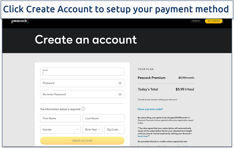 A screenshot of Peacock TV’s create an account page