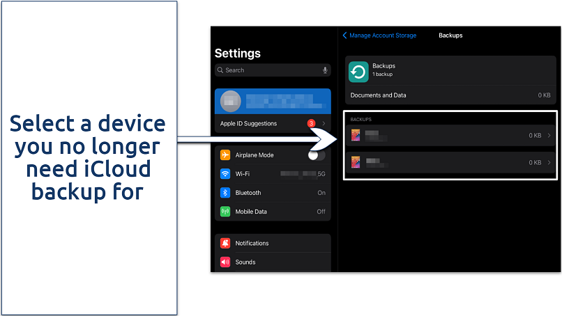 Screenshot of iCloud backup files on iPad settings