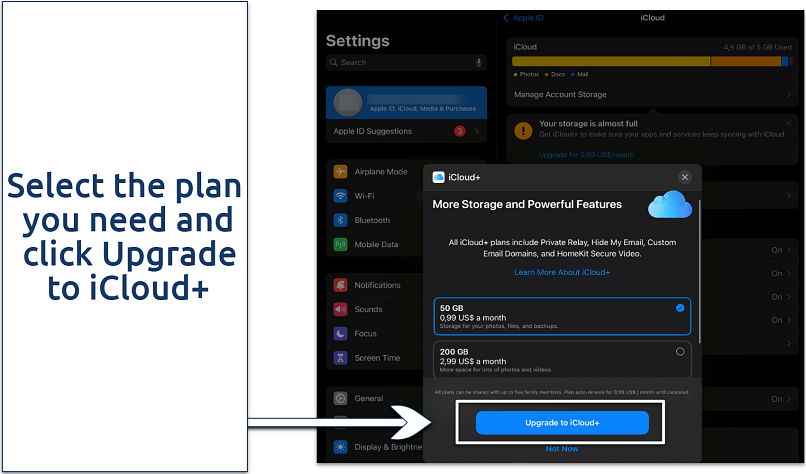 Picture of iCloud+ upgrade section in iOS Settings