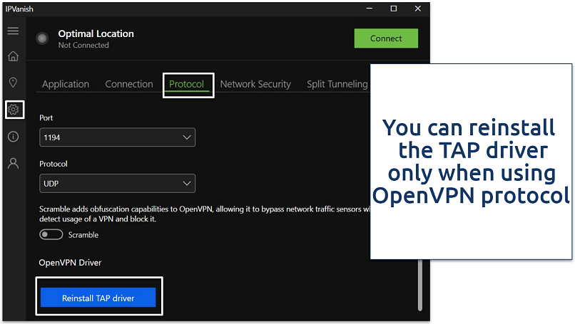 Screenshot of IPVanish Protocol settings