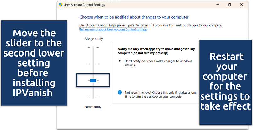 Screenshot of Window's UAC settings