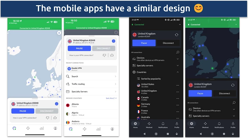 Images of NordVPN's iOS and Android apps