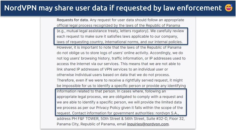 Screenshot of NordVPN's privacy policy showing it may share user data is requested