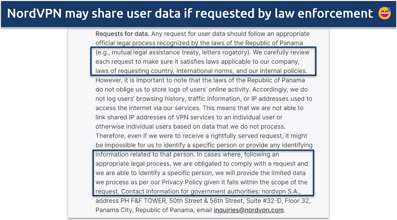 Screenshot of NordVPN's privacy policy showing it may share user data is requested