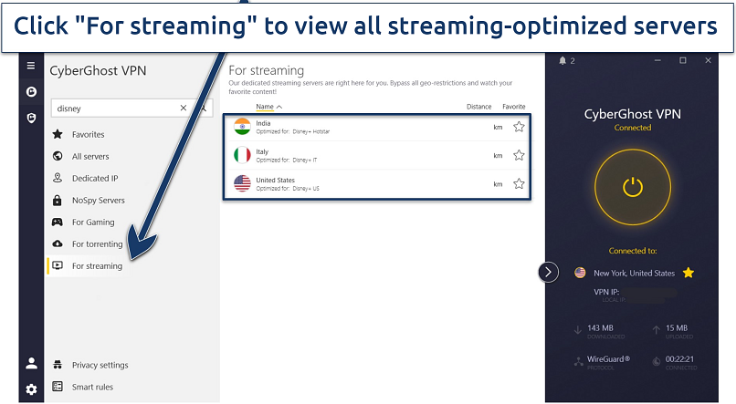 A screenshot of CyberGhost’s Windows app showing its 3 Disney+ streaming-optimized servers