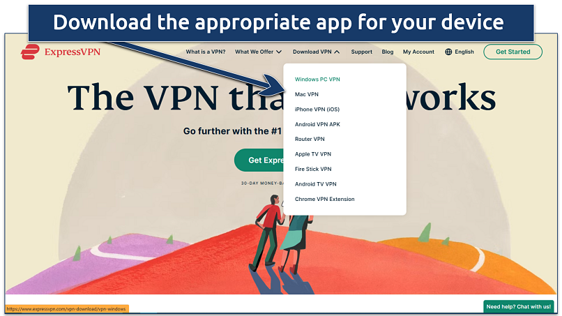 Screenshot of ExpressVPN’s website homepage with download links for different devices