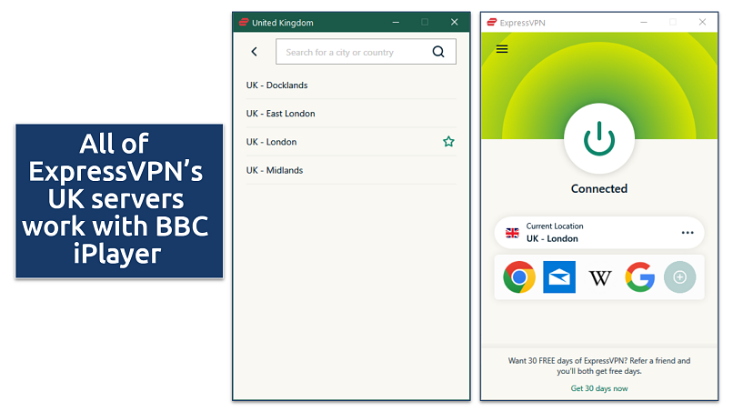 Screenshot of ExpressVPN’s Windows app connected to London, UK