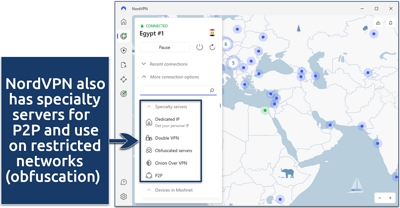 Screenshot of the NordVPN app showing its specialty servers while connected to an Egypt server