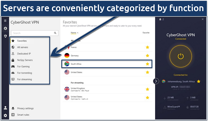 Screenshot of the CyberGhost interface showing its optimized server categories
