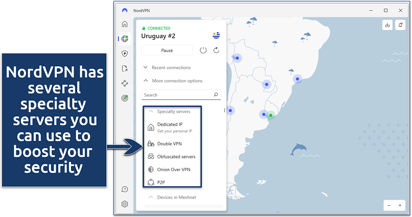 Screenshot of the NordVPN app showing its specialty servers