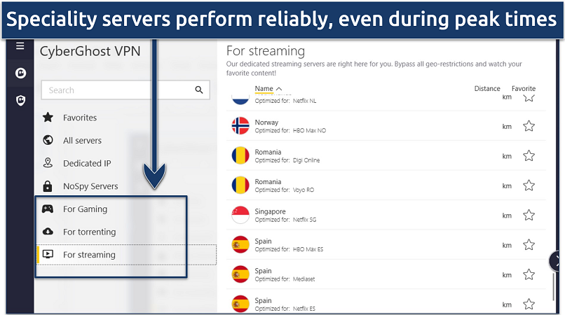 A screenshot showing CyberGhost offers dedicated servers for gaming, torrenting, and streaming