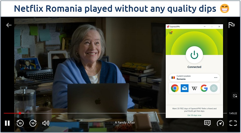 A screenshot of Netflix Romania streaming A Family Affair while connected to ExpressVPN’s Romania server