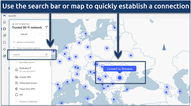 A screenshot showing it’s easy to get a Romanian IP address with NordVPN