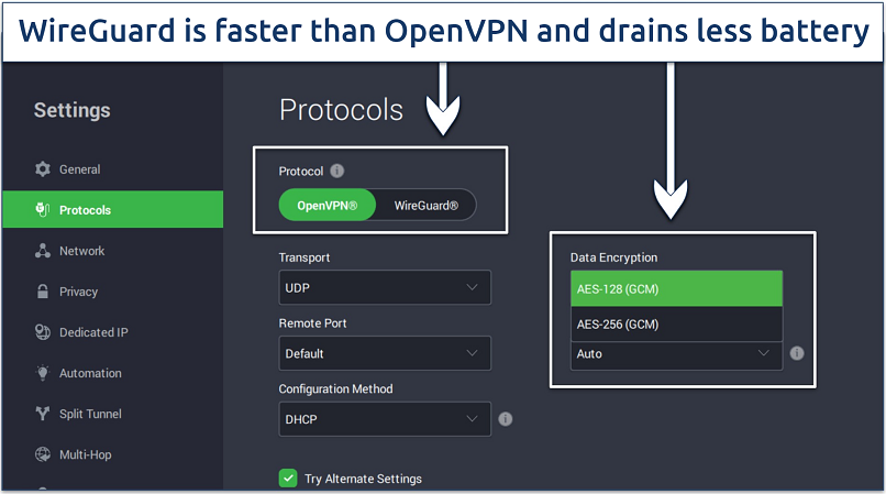 A screenshot showing how straightforward it is to customize a connection using the Private Internet Access (PIA)
