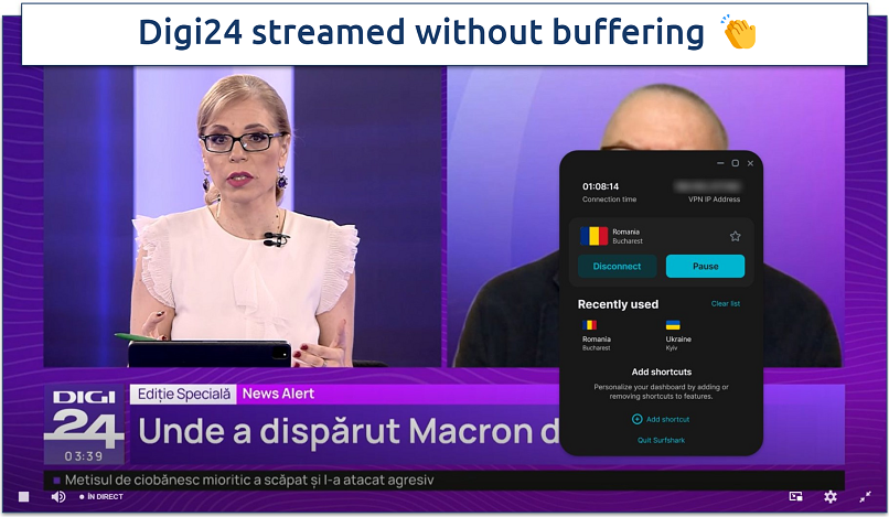A screenshot showing streaming Digi24 while connected to Surfshark’s Romania server