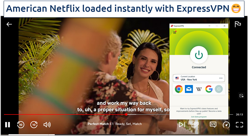 A screenshot of Netflix US streaming Perfect Match while connected to ExpressVPN’s US server