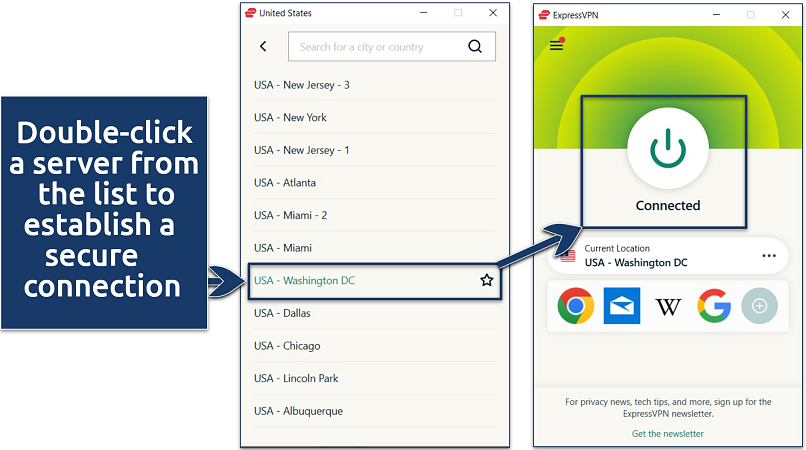 A screenshot showing that ExpressVPN has multiple US servers and that it’s easy to connect to one