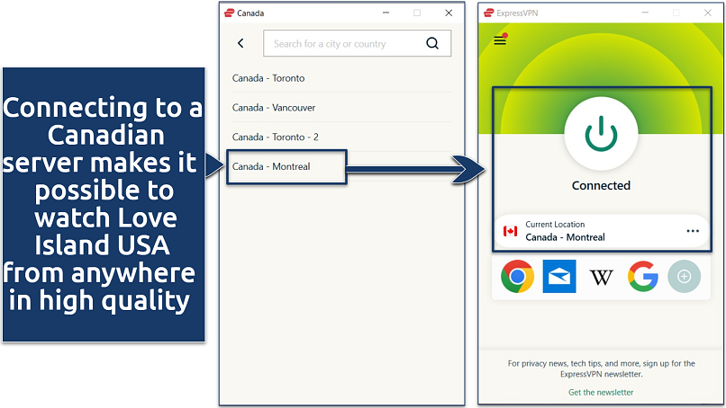 A screenshot showing that ExpressVPN has multiple Canadian servers and that it’s easy to connect to one