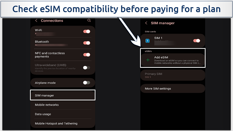 Screenshot showing Android eSIM compatibility in settings