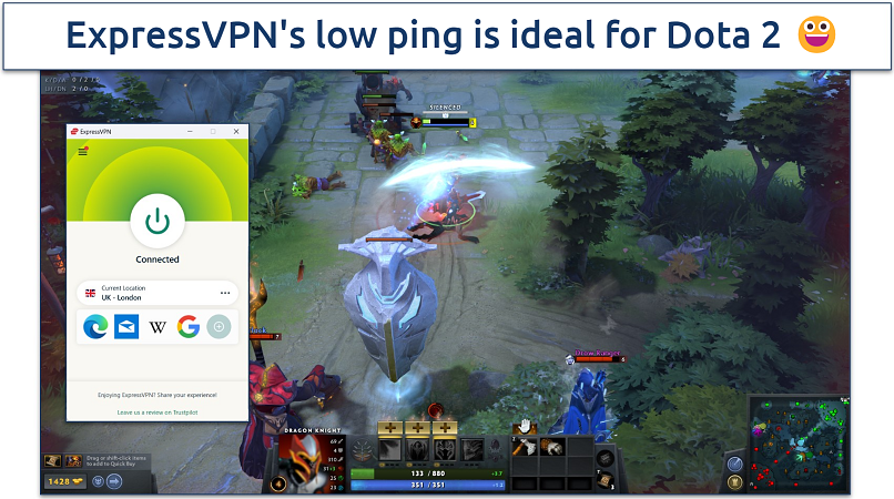 Screenshot of Dota 2 gameplay with ExpressVPN connected