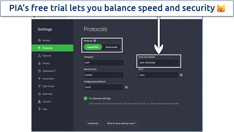 Screenshot of PIA’s Windows app showing customizable features